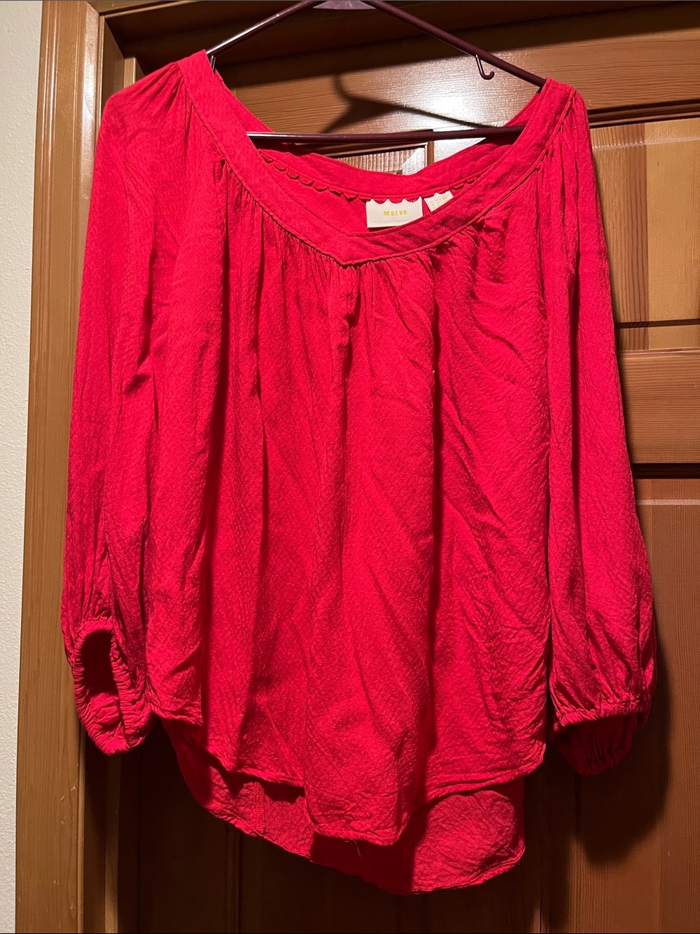 Maeve Bright Red Peasant Blouse - Women's 3/4 Sleeve Top